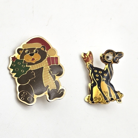 ๐ข3/$19๐ข Set of 2 Vintage Christmas Brooch Pins Gold Holiday Bear Dear - Picture 2 of 7